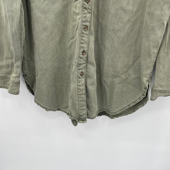 ANTHROPOLOGIE Army Green Sequined Cargo Button Down Shirt // 14 - Picture 9 of 14